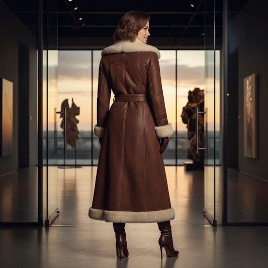 Cowhide Leather Long Coat | Luxury Winter Duster | Women's Shearling Collar Outerwear