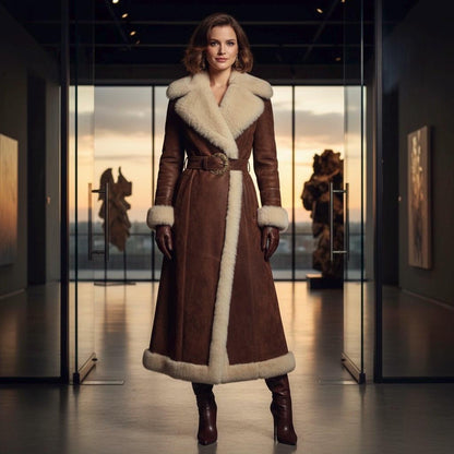 Cowhide Leather Long Coat | Luxury Winter Duster | Women's Shearling Collar Outerwear