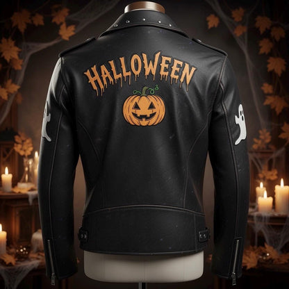 Embroidered Halloween Leather Jacket: Spooky Pumpkin Haunted Castle Design By Madgear