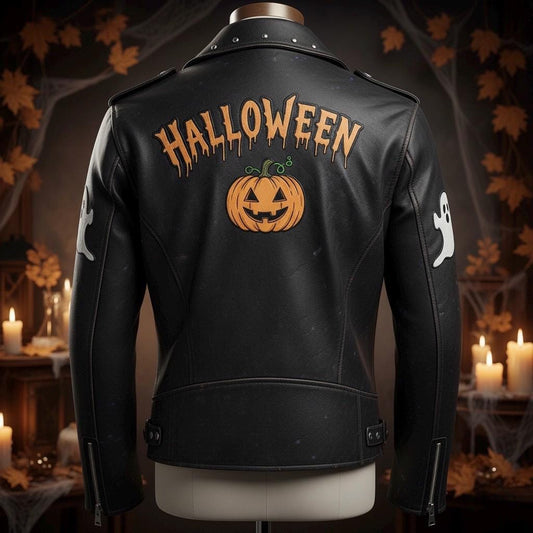 Embroidered Halloween Leather Jacket: Spooky Pumpkin Haunted Castle Design By Madgear
