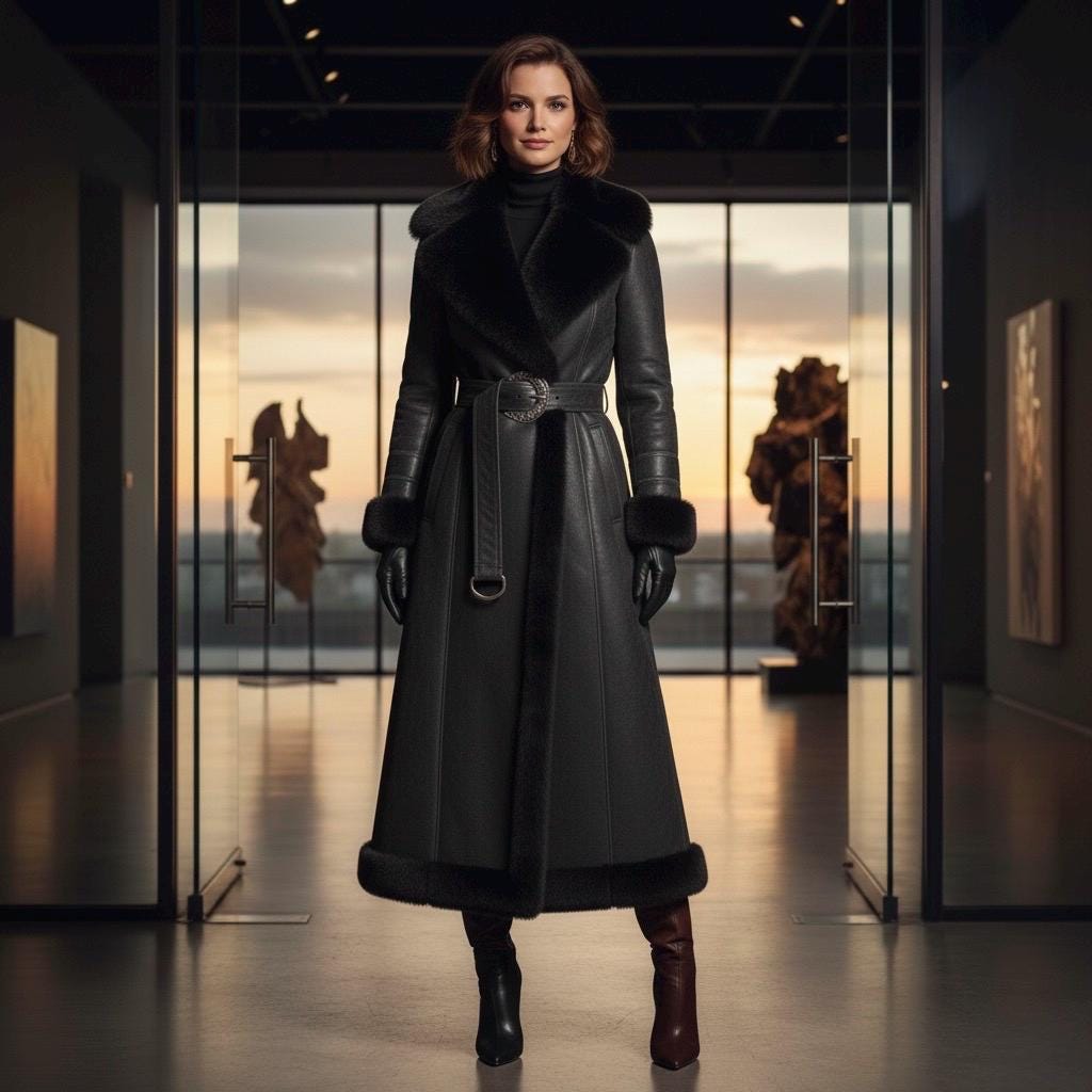 Cowhide Leather Long Coat | Luxury Winter Duster | Women's Shearling Collar Outerwear