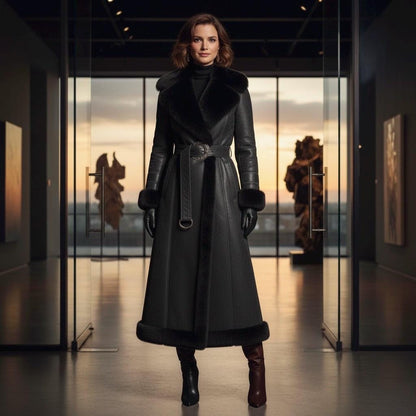 Cowhide Leather Long Coat | Luxury Winter Duster | Women's Shearling Collar Outerwear