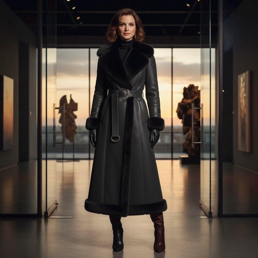 Cowhide Leather Long Coat | Luxury Winter Duster | Women's Shearling Collar Outerwear
