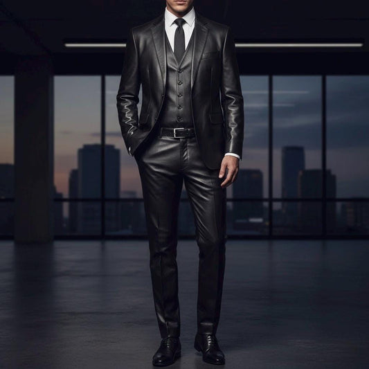 Men's Black Cowhide Leather Suit | Slim Fit 3-Piece Tuxedo
