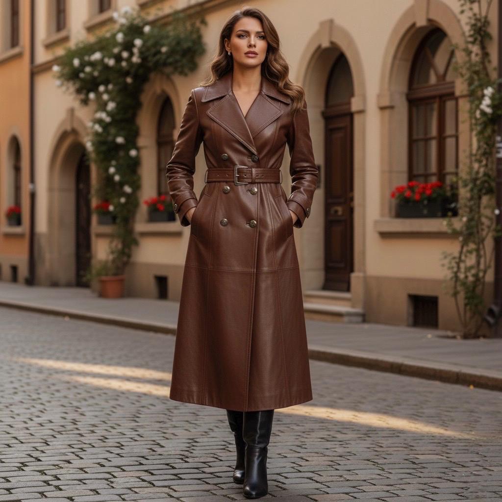Brown Cowhide Leather Trench Coat - Women's Longline Duster with Belt