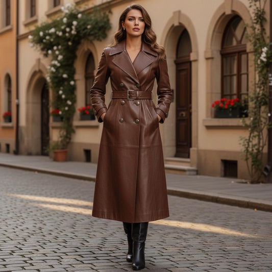 Brown Cowhide Leather Trench Coat - Women's Longline Duster with Belt