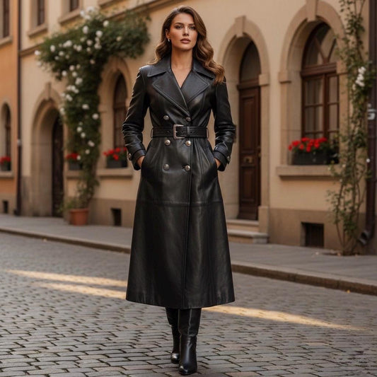 Long Black Cowhide Leather Trench Coat - Double-Breasted Maxi Duster