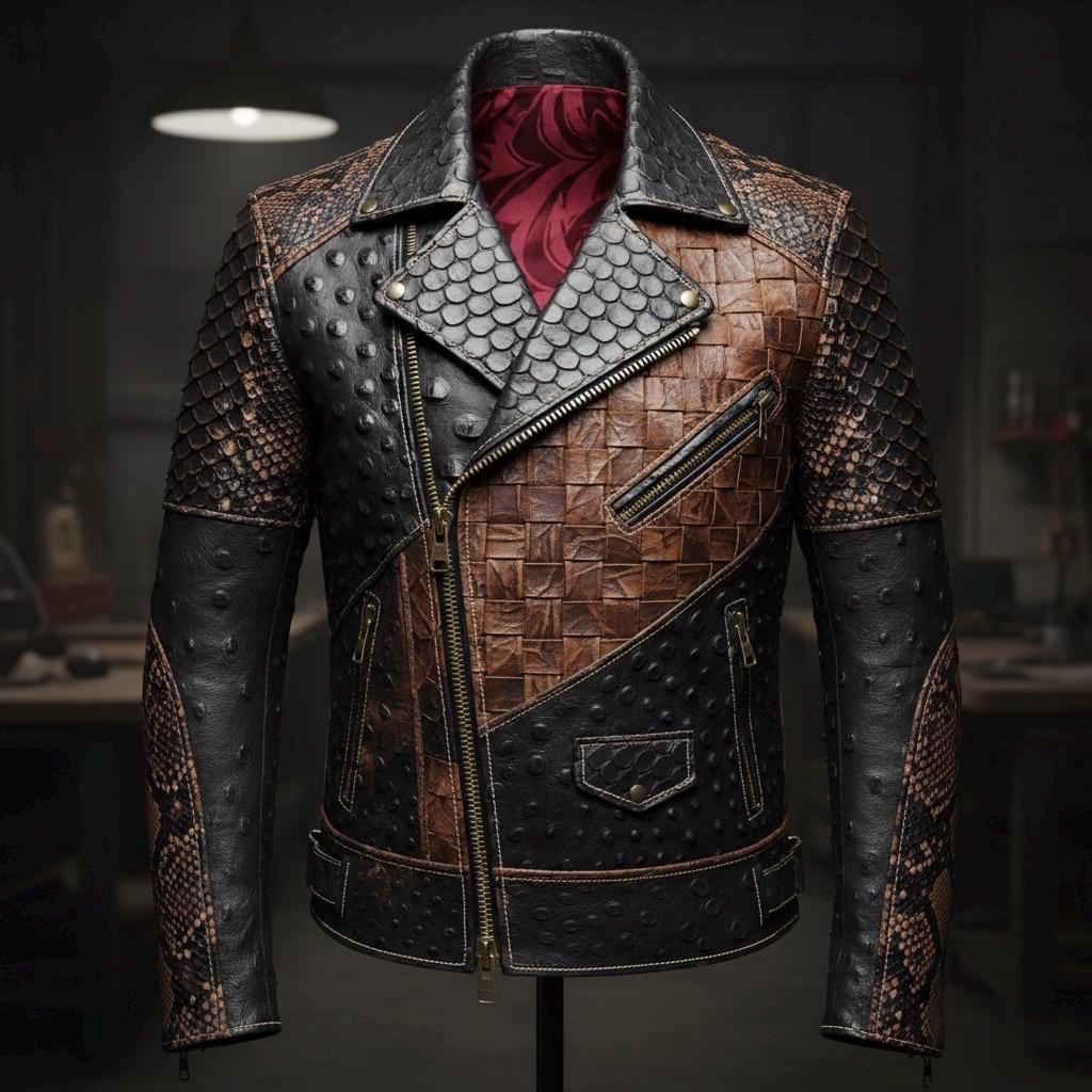 MADGEAR Handcrafted Multi-Texture Leather Jacket | Cowhide, Embossed Crocodile & Python Accent