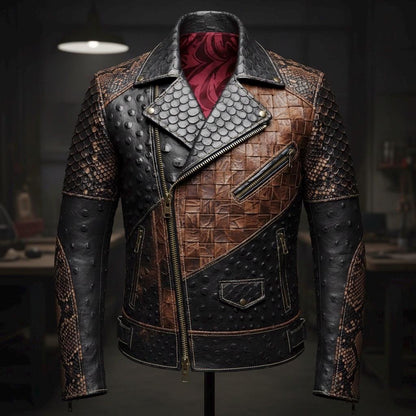 MADGEAR Handcrafted Multi-Texture Leather Jacket | Cowhide, Embossed Crocodile & Python Accent
