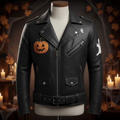 Embroidered Halloween Leather Jacket: Spooky Pumpkin Haunted Castle Design By Madgear