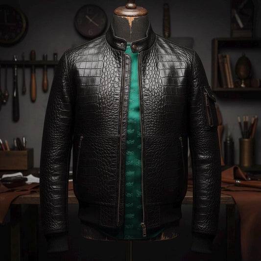 MadgearPro Handcrafted Men's Genuine Leather Jacket | Black Croc Embossed Aviator Style Outerwear