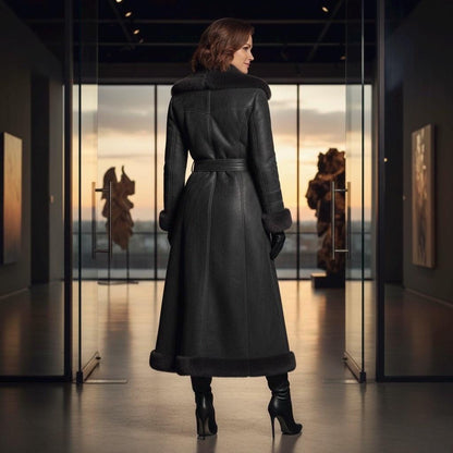 Cowhide Leather Long Coat | Luxury Winter Duster | Women's Shearling Collar Outerwear