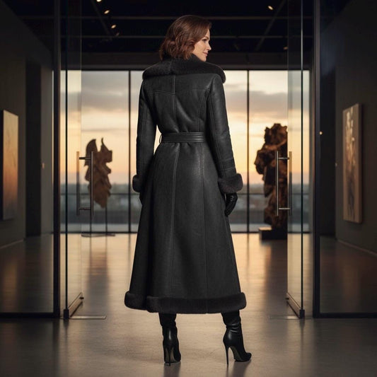 Cowhide Leather Long Coat | Luxury Winter Duster | Women's Shearling Collar Outerwear