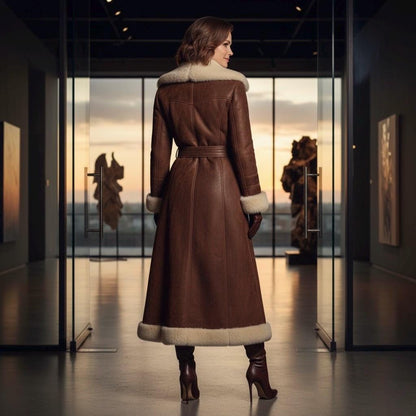 Cowhide Leather Long Coat | Luxury Winter Duster | Women's Shearling Collar Outerwear